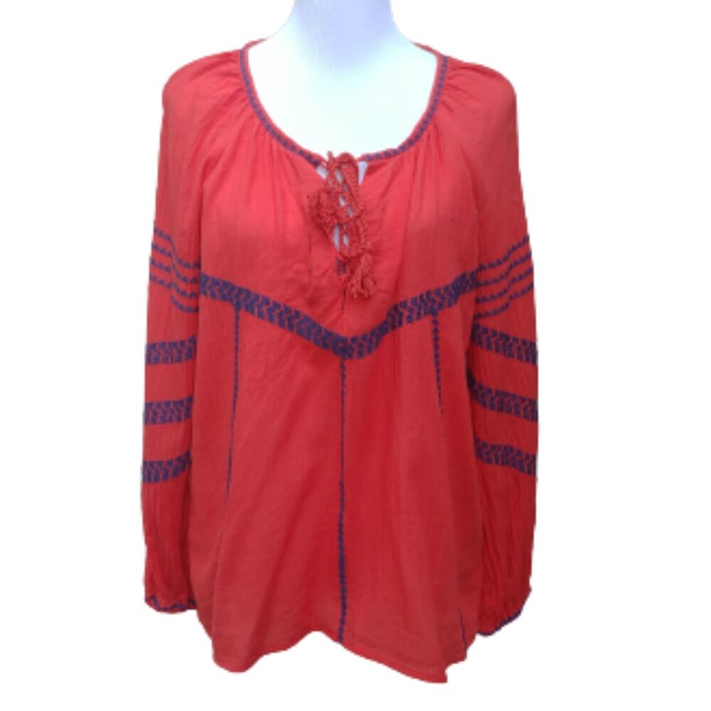Intropia Red Peasant Blouse Embroidered Print Lace-Up Neck Folk Traditional